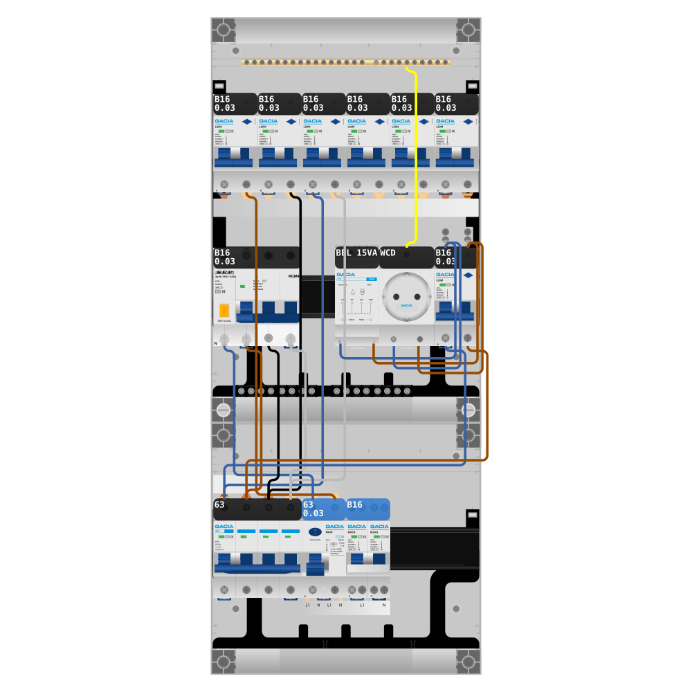 Groepenkast PV-ready 63A 3 fase 7 alamat + beltrafo + wcd + kookgroep + kracht