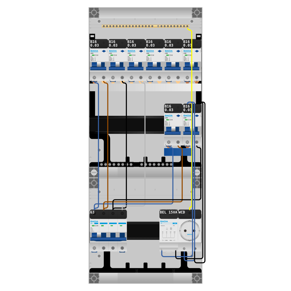 Groepenkast PV-ready 63A 3 fase 8 alamat + beltrafo + wcd