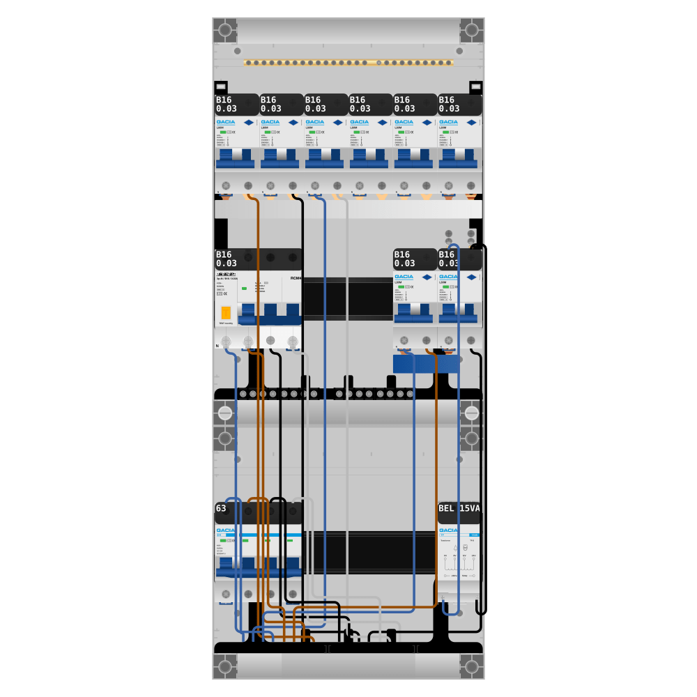 Groepenkast PV-ready 63A 3 fase 8 alamat + beltrafo + kracht
