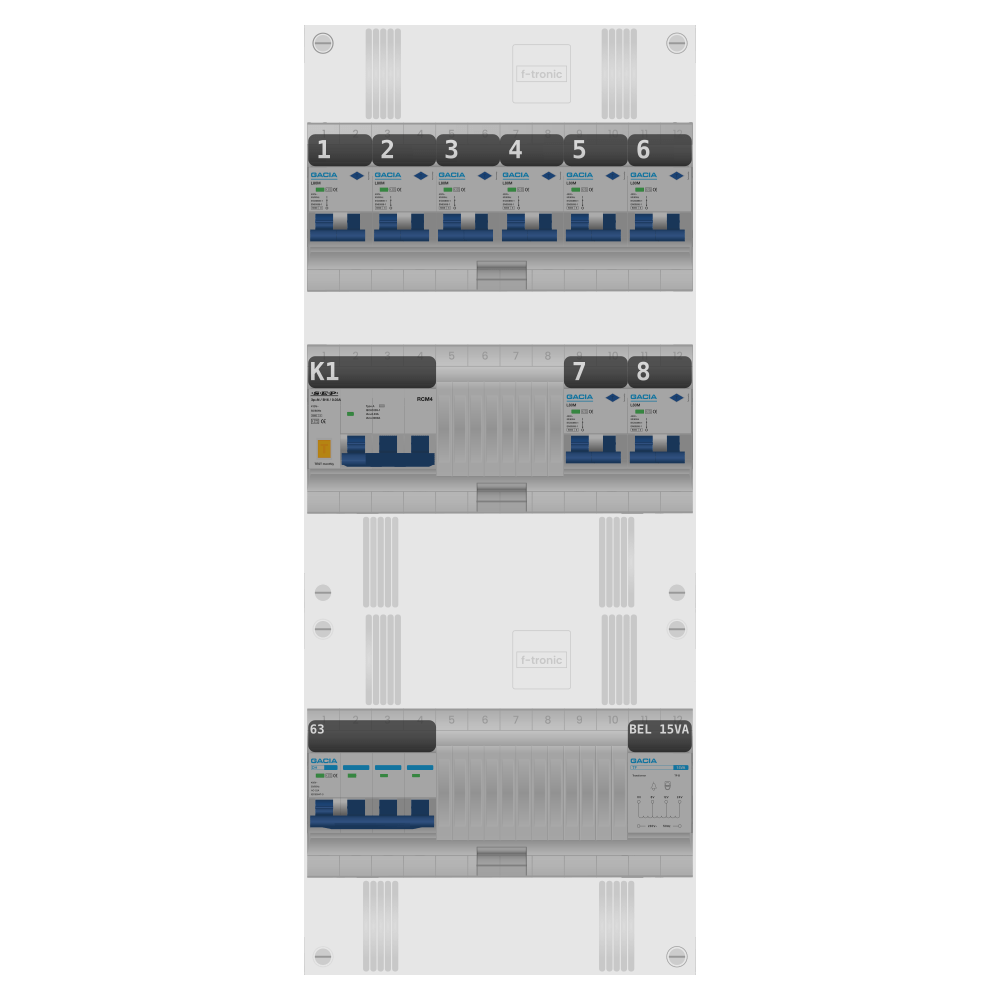 Groepenkast PV-ready 63A 3 fase 8 alamat + beltrafo + kracht
