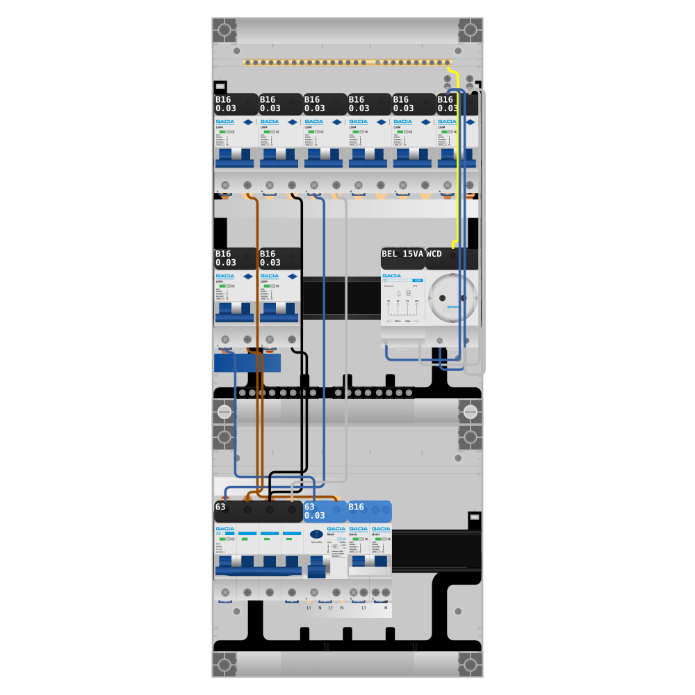 Groepenkast PV-ready 63A 3 fase 8 alamat + beltrafo + wcd + kookgroep