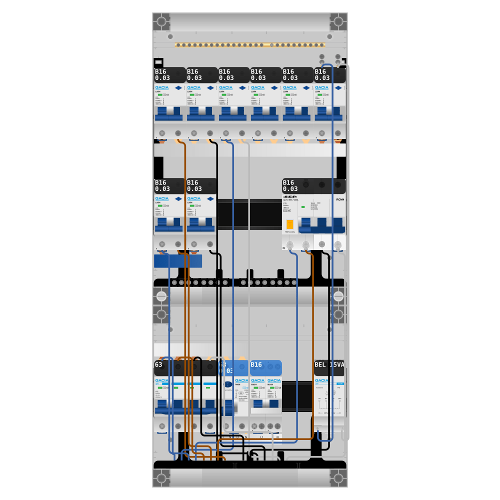 Groepenkast PV-ready 63A 3 fase 8 alamat + beltrafo + kookgroep + kracht