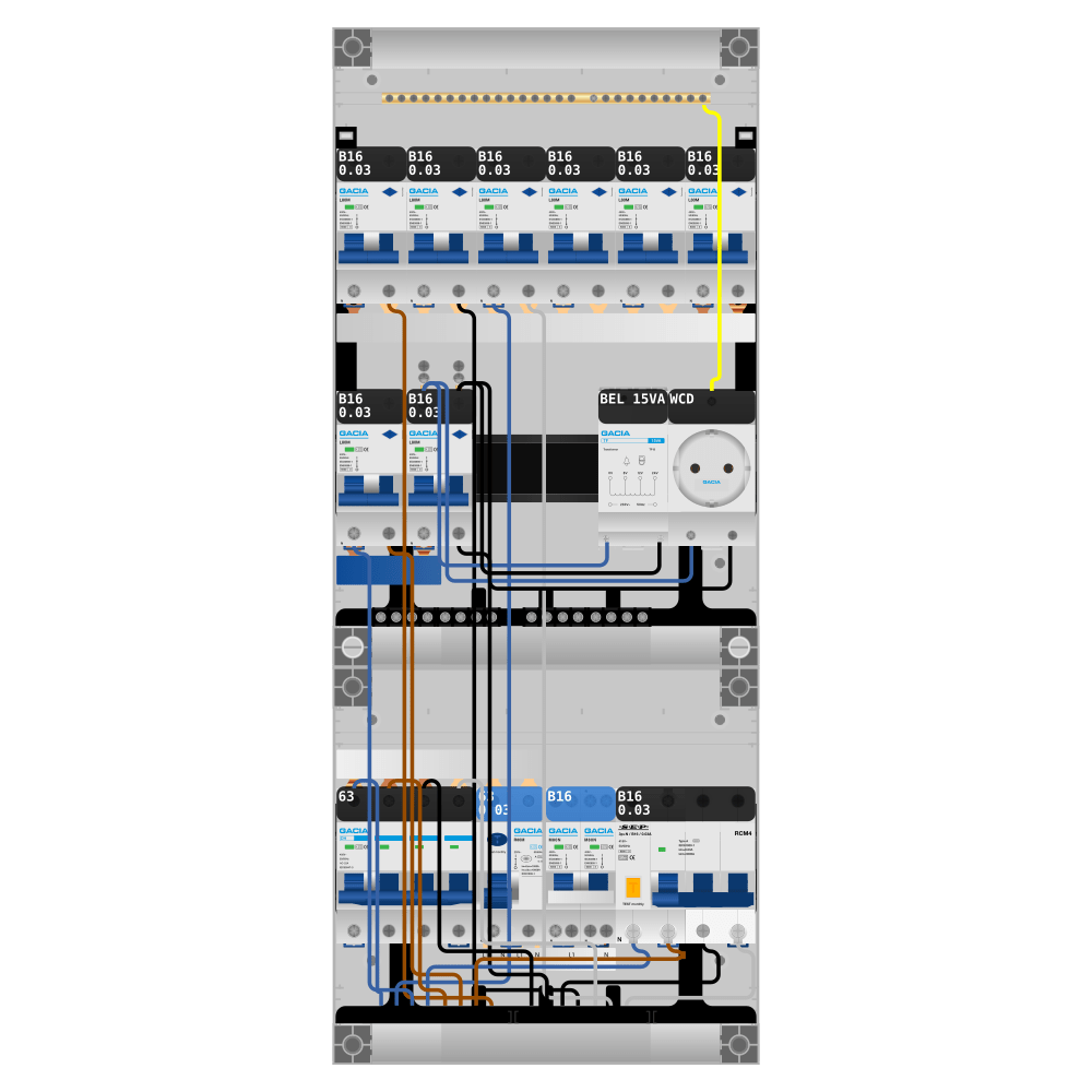 Groepenkast PV-ready 63A 3 fase 8 alamat + beltrafo + wcd + kookgroep + kracht