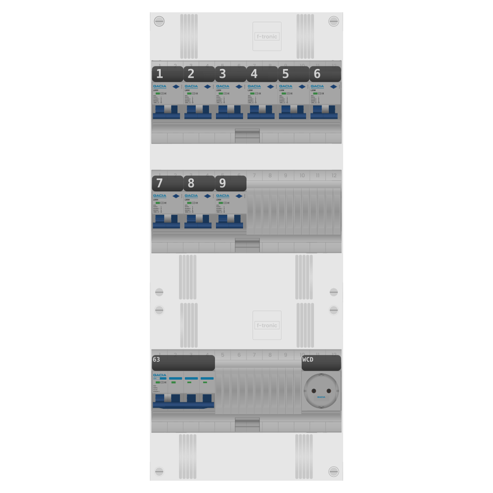 Groepenkast PV-ready 63A 3 fase 9 alamat + wcd