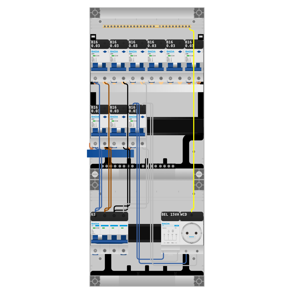 Groepenkast PV-ready 63A 3 fase 9 alamat + beltrafo + wcd