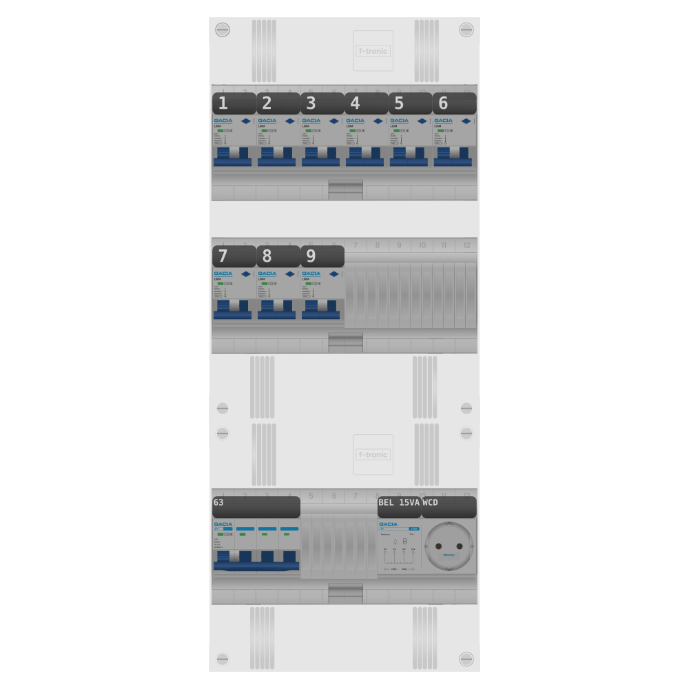 Groepenkast PV-ready 63A 3 fase 9 alamat + beltrafo + wcd