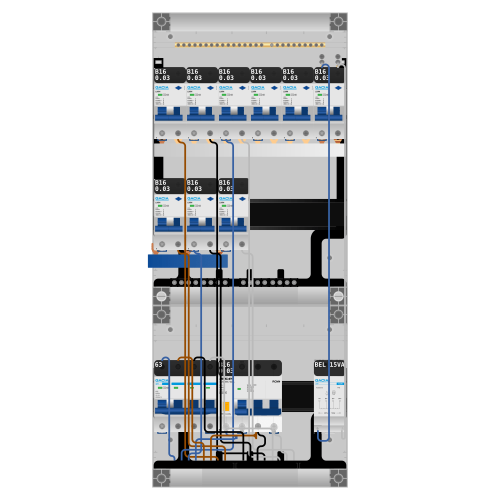 Groepenkast PV-ready 63A 3 fase 9 alamat + beltrafo + kracht