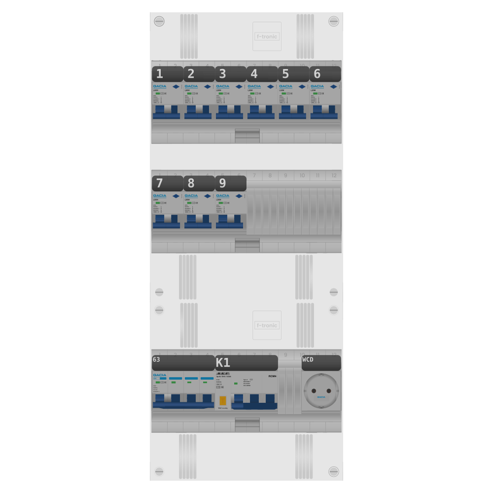 Groepenkast PV-ready 63A 3 fase 9 alamat + wcd + kracht