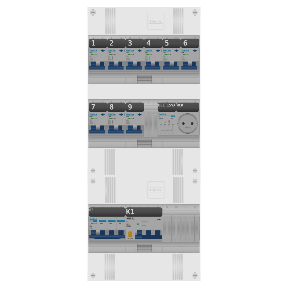 Groepenkast PV-ready 63A 3 fase 9 alamat + beltrafo + wcd + kracht