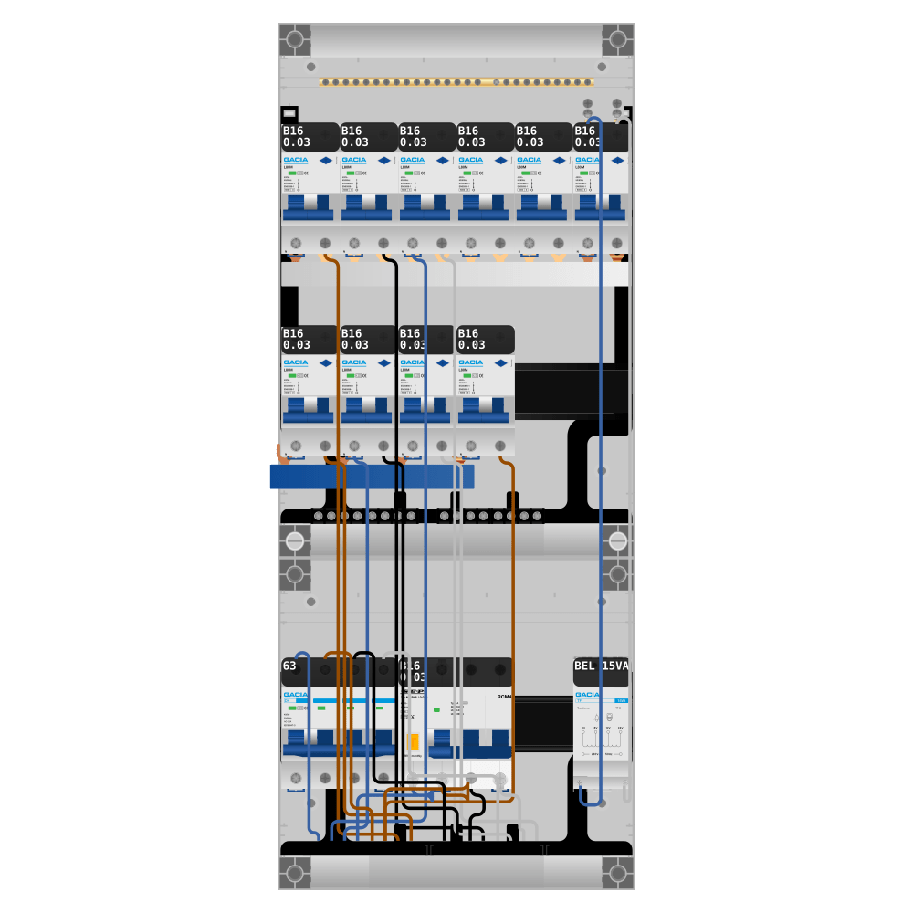Groepenkast PV-ready 63A 3 fase 10 alamat + beltrafo + kracht