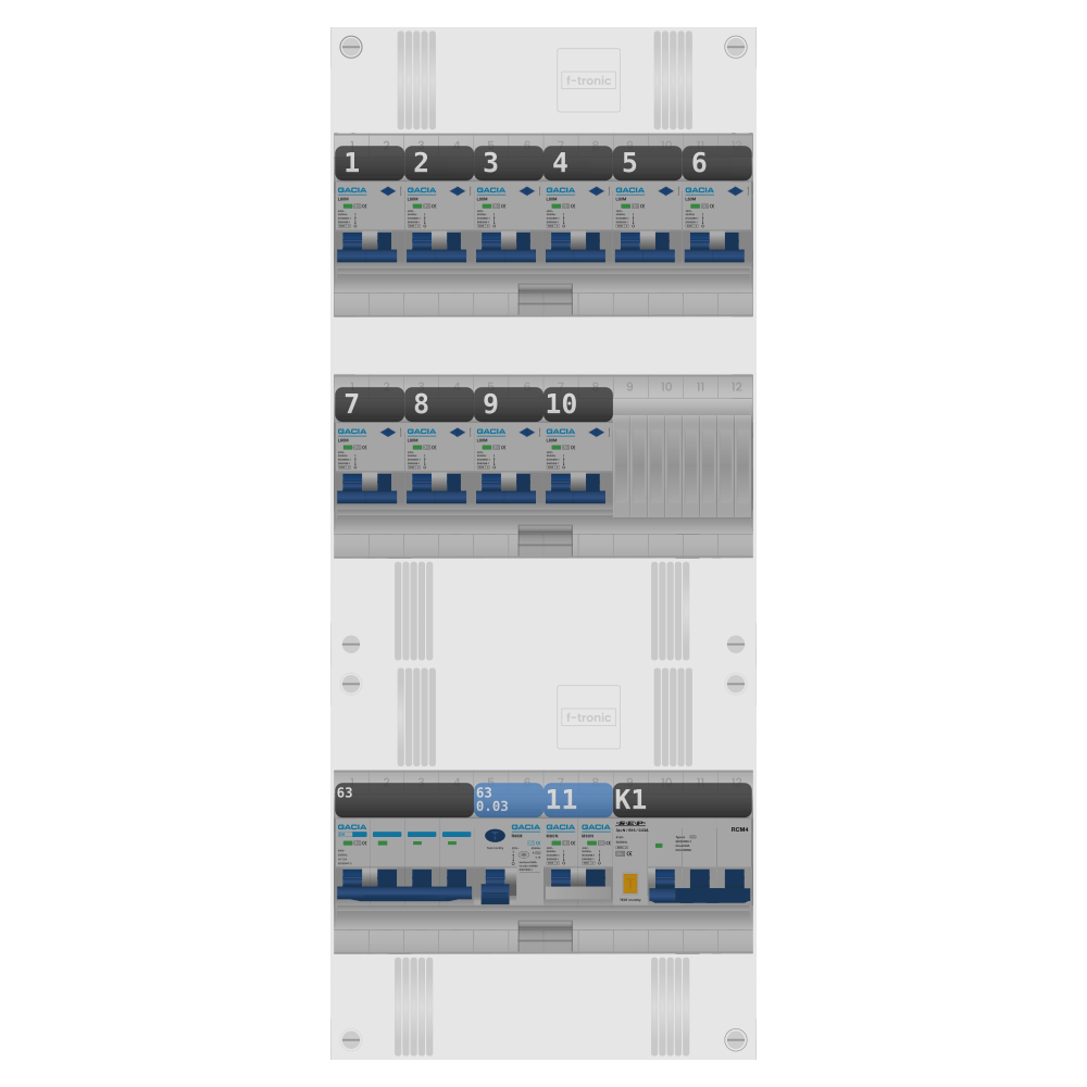 Groepenkast PV-ready 63A 3 fase 10 alamat + kookgroep + kracht