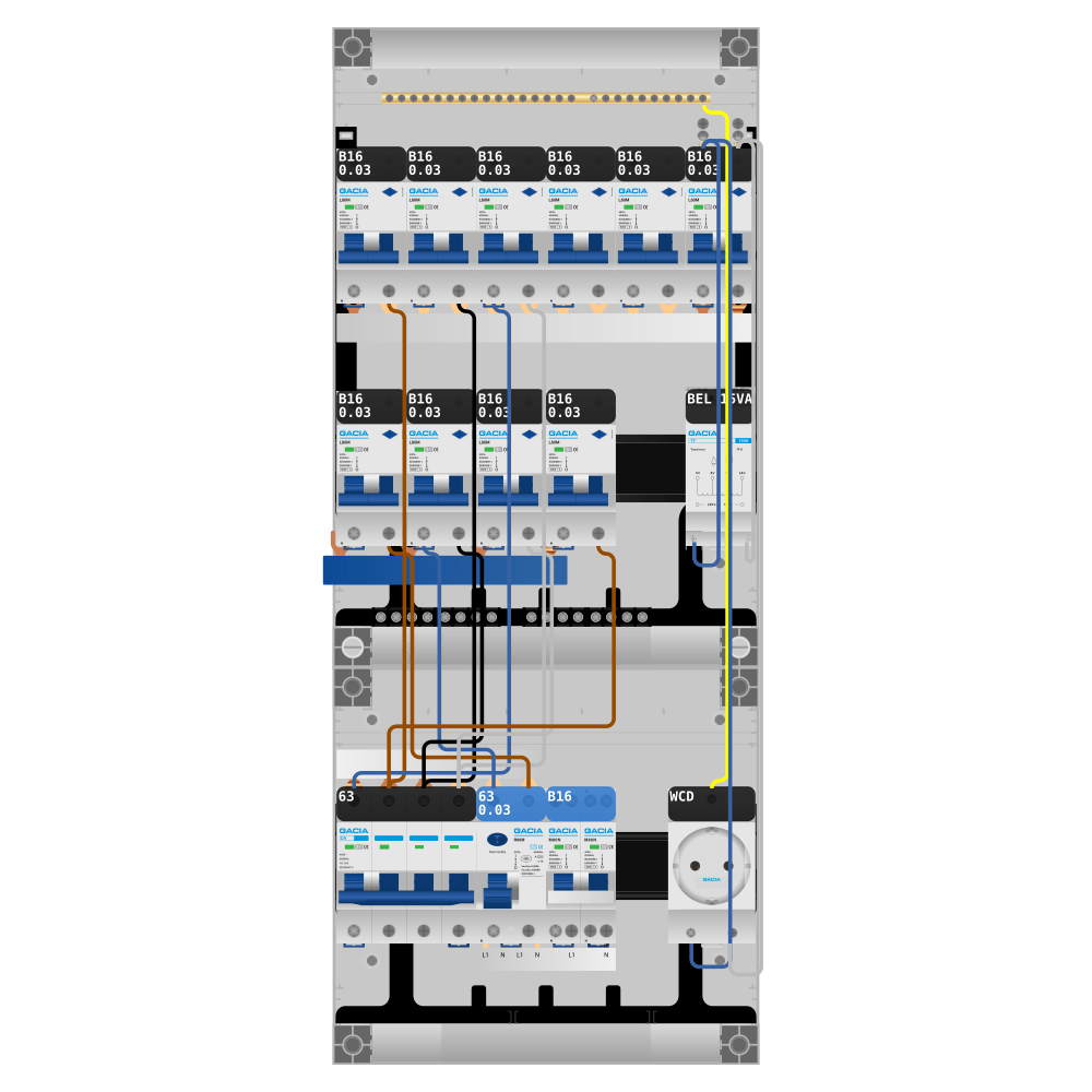 Groepenkast PV-ready 63A 3 fase 10 alamat + beltrafo + wcd + kookgroep