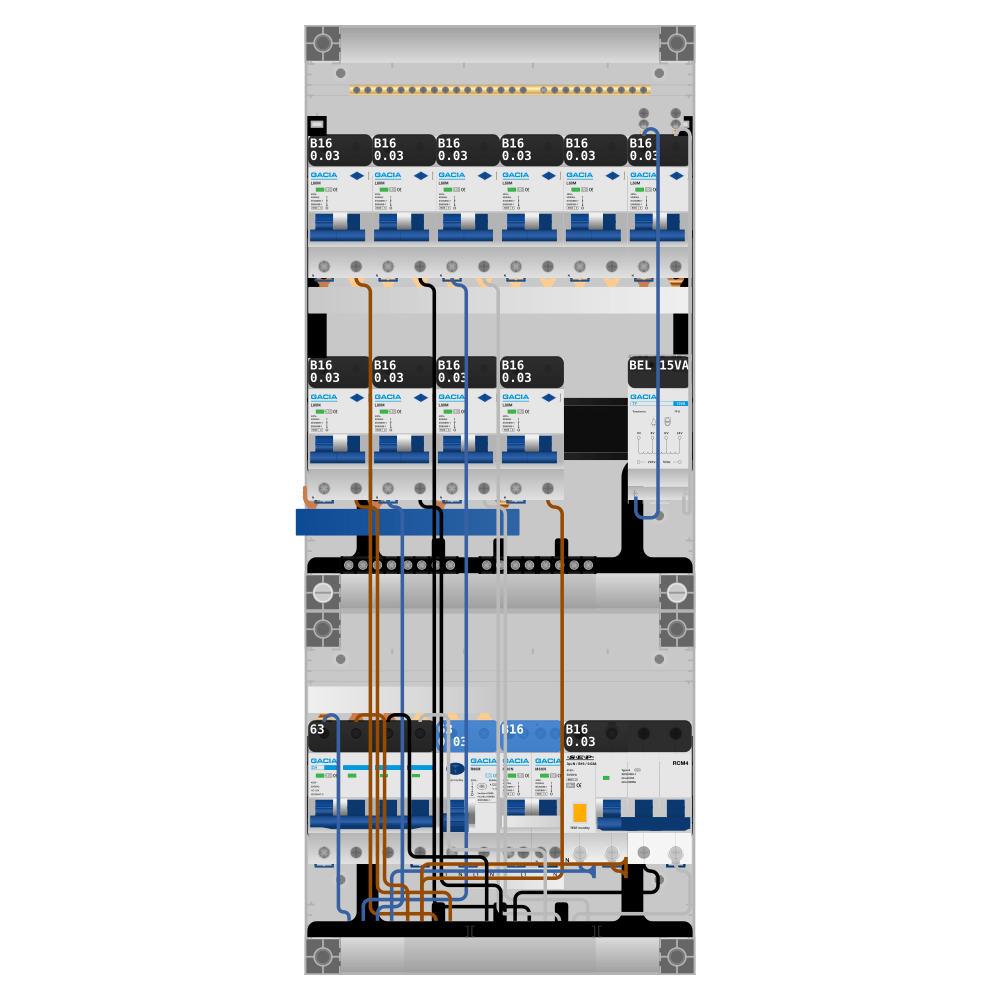 Groepenkast PV-ready 63A 3 fase 10 alamat + beltrafo + kookgroep + kracht
