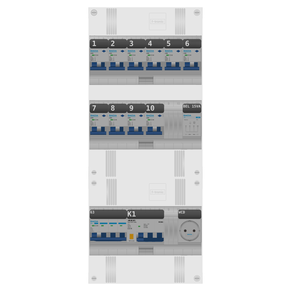 Groepenkast PV-ready 63A 3 fase 10 alamat + beltrafo + wcd + kracht