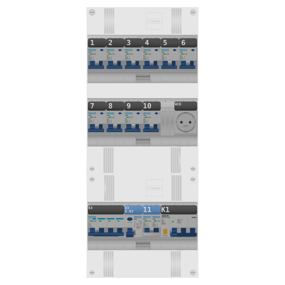 Groepenkast PV-ready 63A 3 fase 10 alamat + wcd + kookgroep + kracht