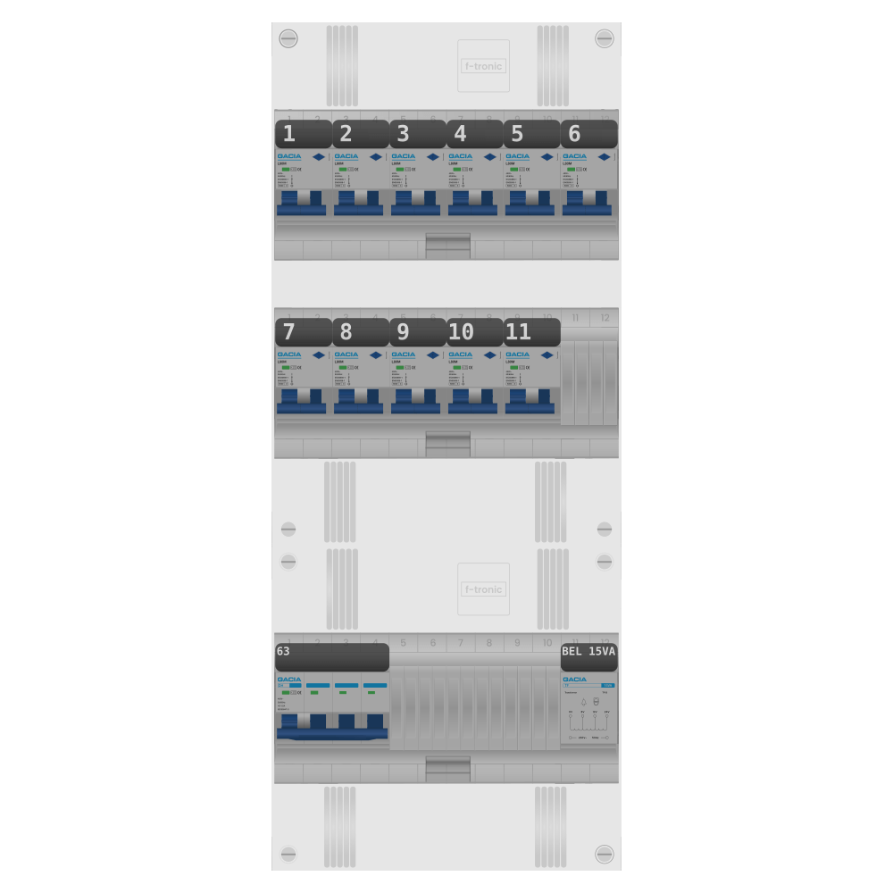 Groepenkast PV-ready 63A 3 fase 11 alamat + beltrafo