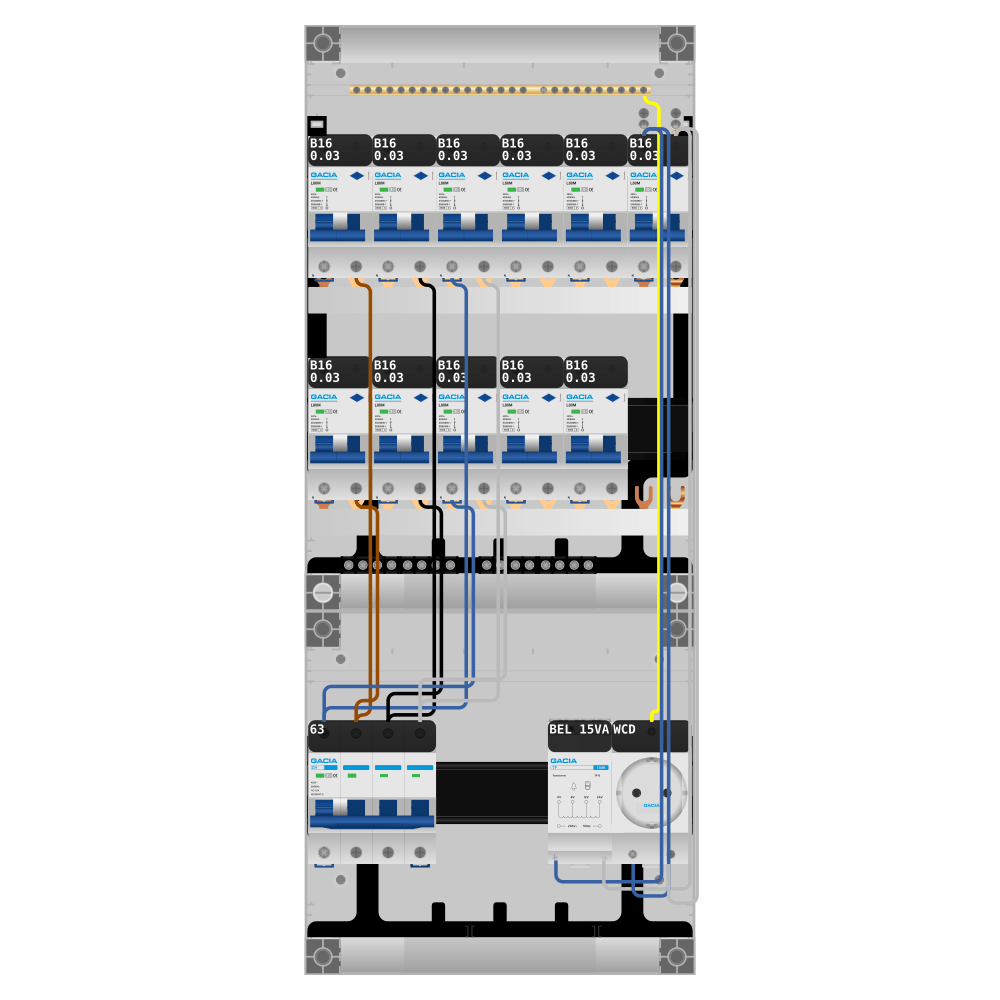 Groepenkast PV-ready 63A 3 fase 11 alamat + beltrafo + wcd