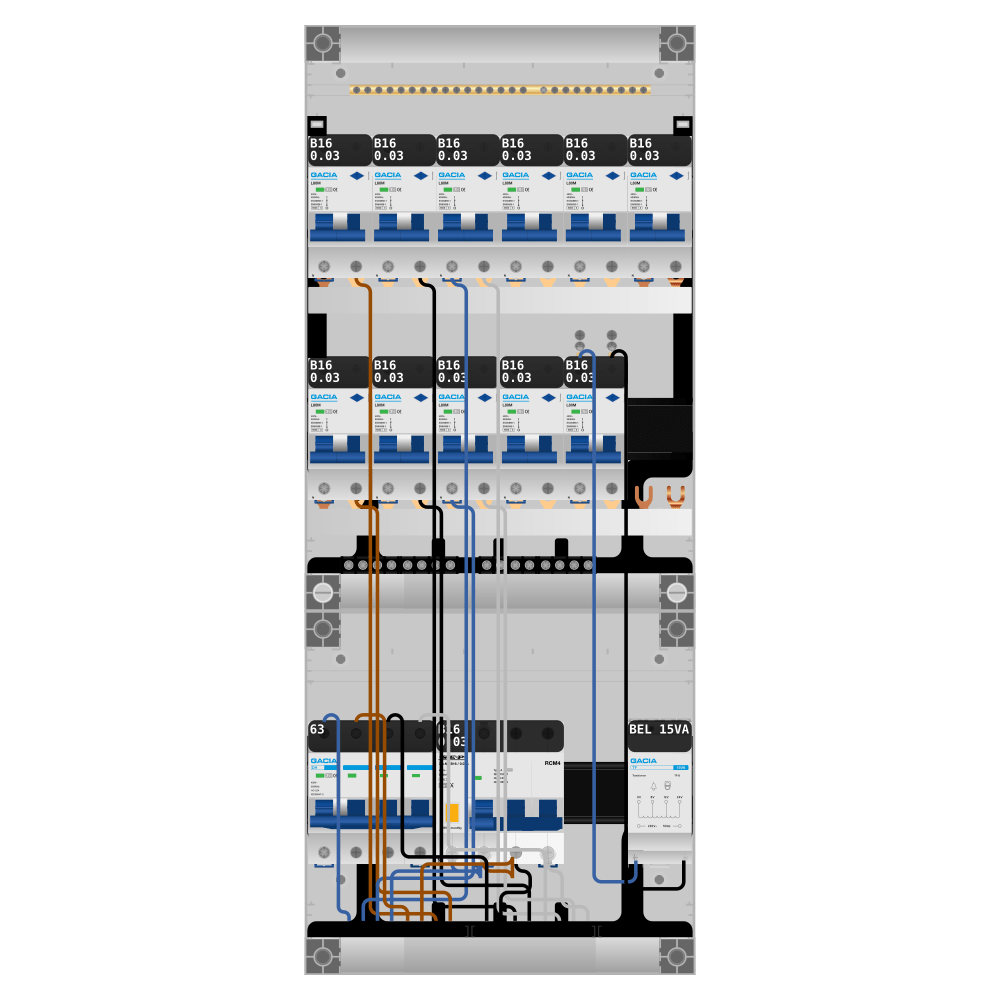 Groepenkast PV-ready 63A 3 fase 11 alamat + beltrafo + kracht