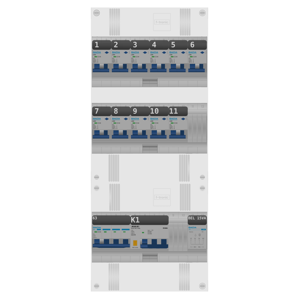 Groepenkast PV-ready 63A 3 fase 11 alamat + beltrafo + kracht
