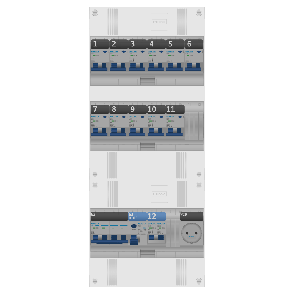 Groepenkast PV-ready 63A 3 fase 11 alamat + wcd + kookgroep