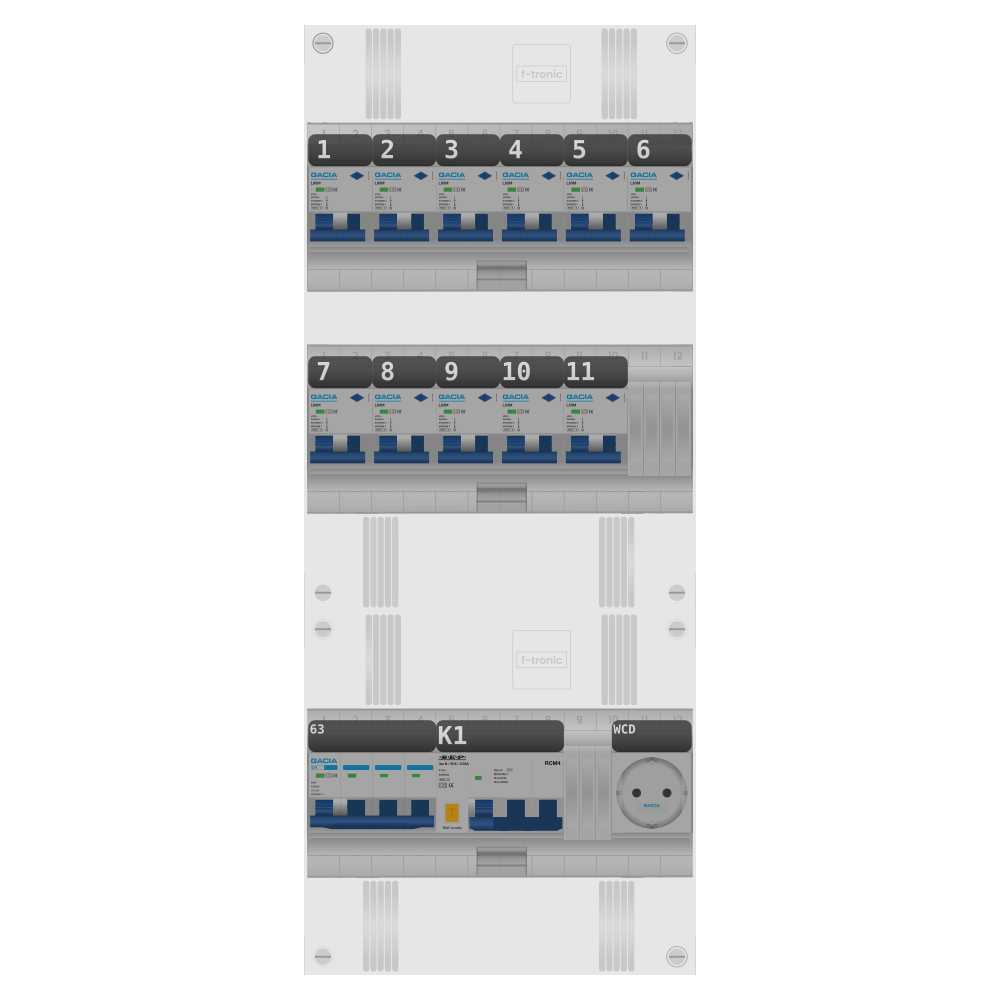 Groepenkast PV-ready 63A 3 fase 11 alamat + wcd + kracht