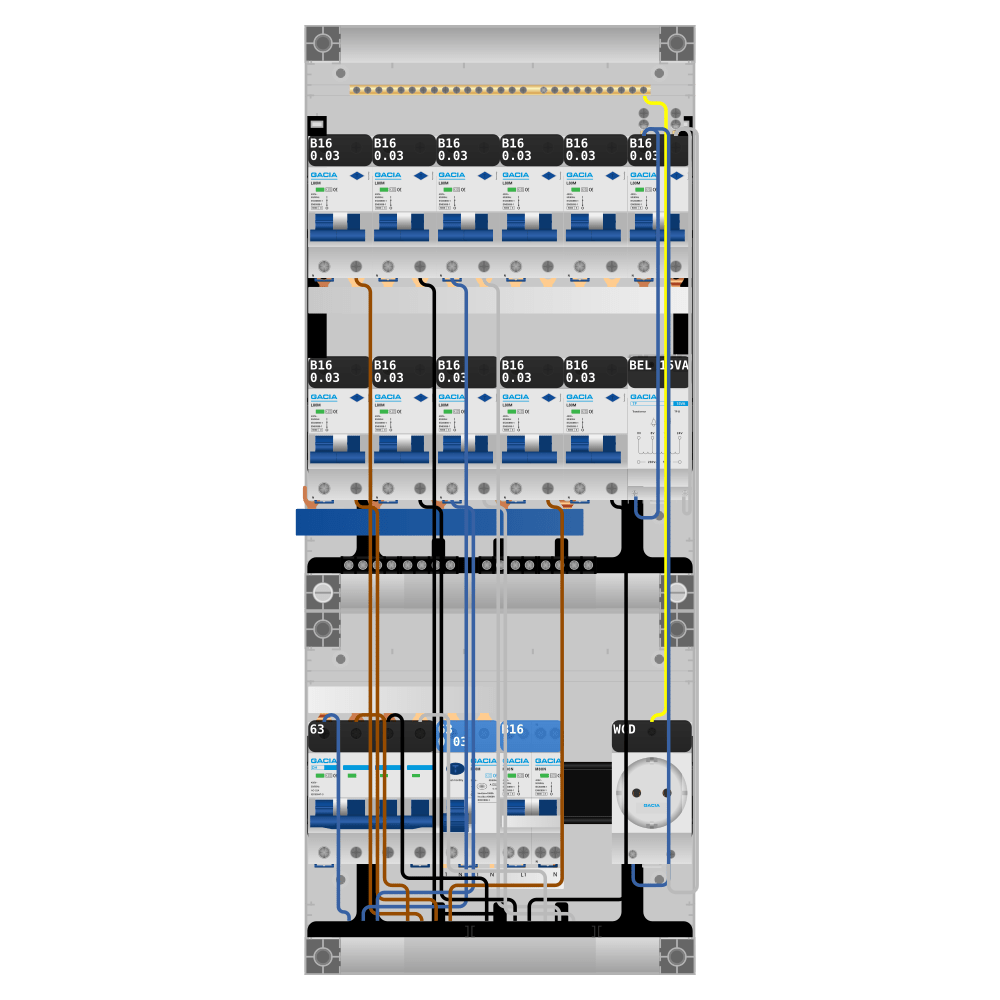 Groepenkast PV-ready 63A 3 fase 11 alamat + beltrafo + wcd + kookgroep