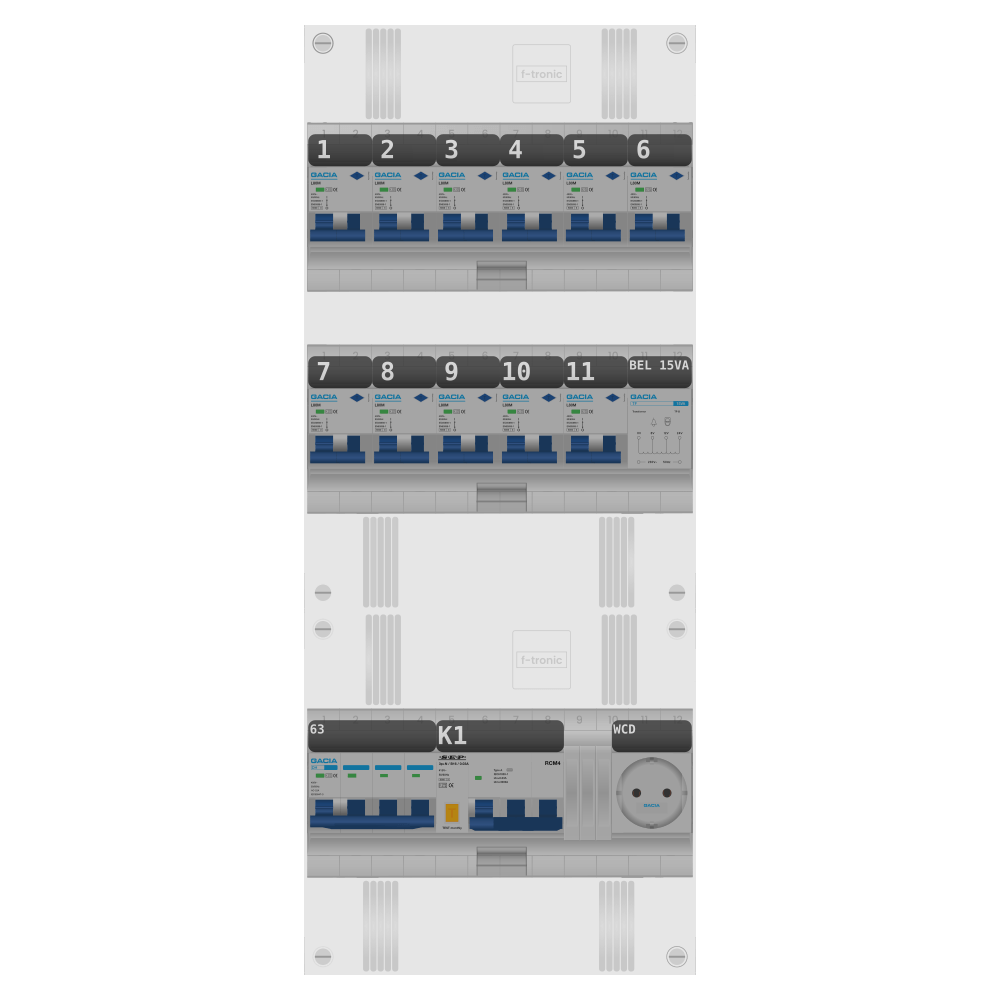 Groepenkast PV-ready 63A 3 fase 11 alamat + beltrafo + wcd + kracht