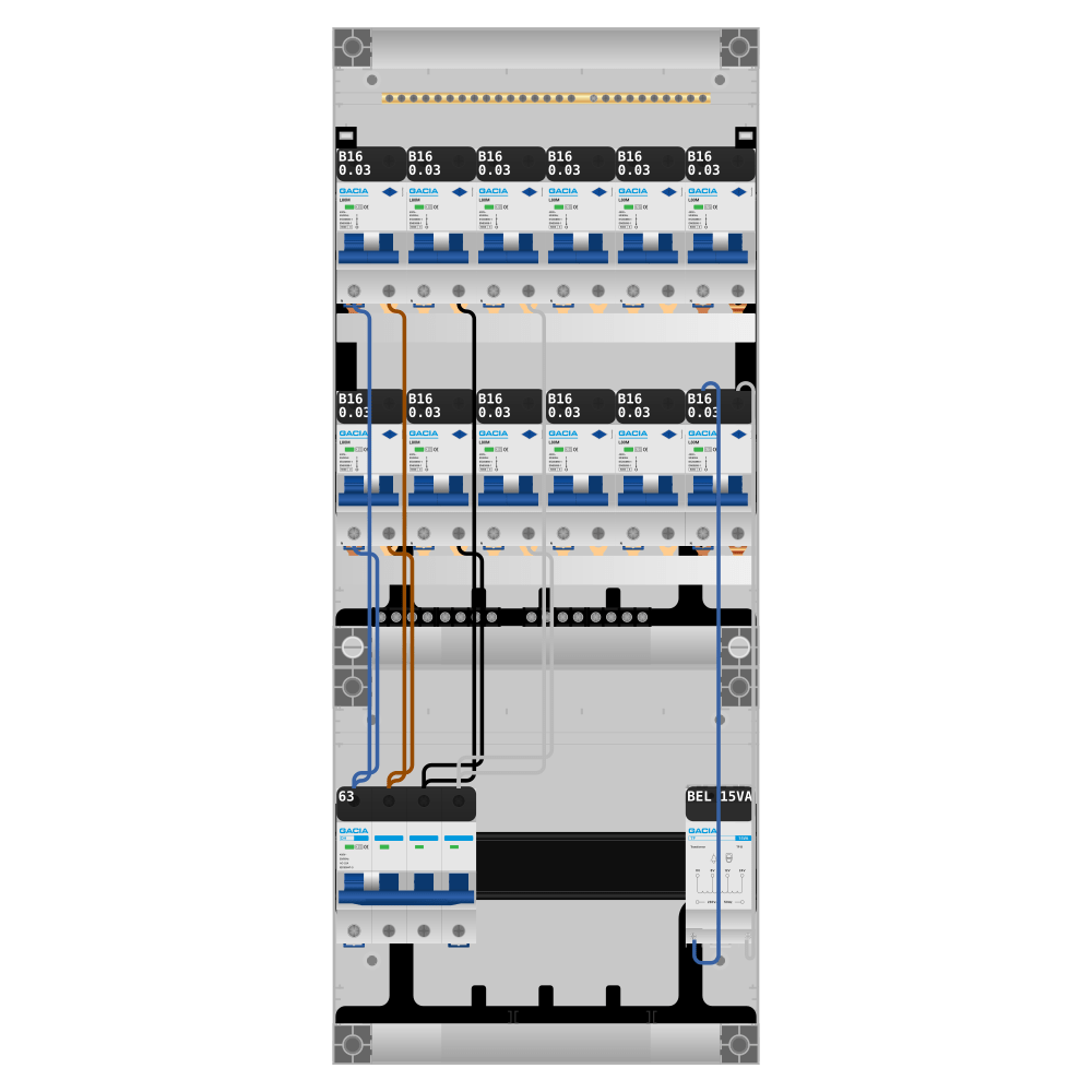 Groepenkast PV-ready 63A 3 fase 12 alamat + beltrafo