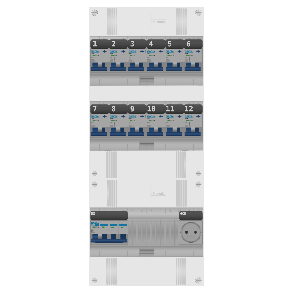 Groepenkast PV-ready 63A 3 fase 12 alamat + wcd