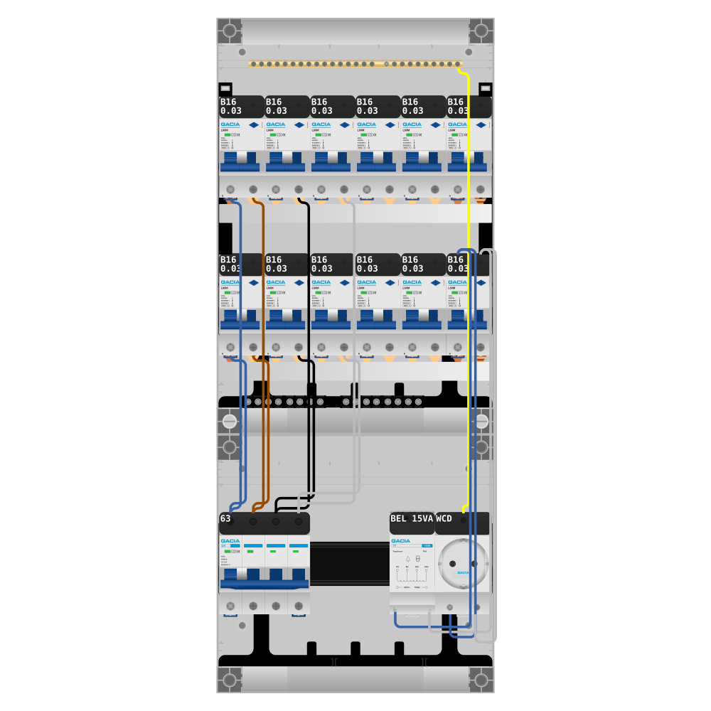 Groepenkast PV-ready 63A 3 fase 12 alamat + beltrafo + wcd