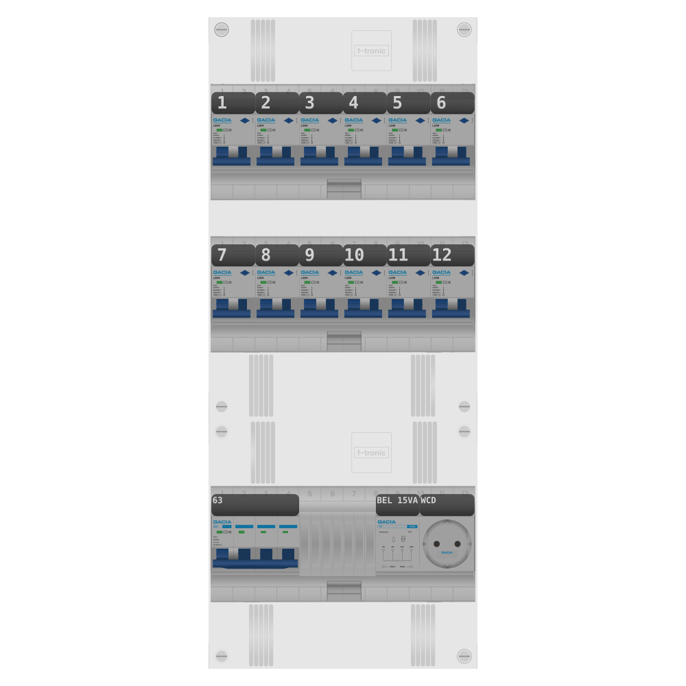 Groepenkast PV-ready 63A 3 fase 12 alamat + beltrafo + wcd