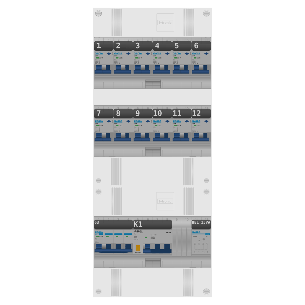 Groepenkast PV-ready 63A 3 fase 12 alamat + beltrafo + kracht
