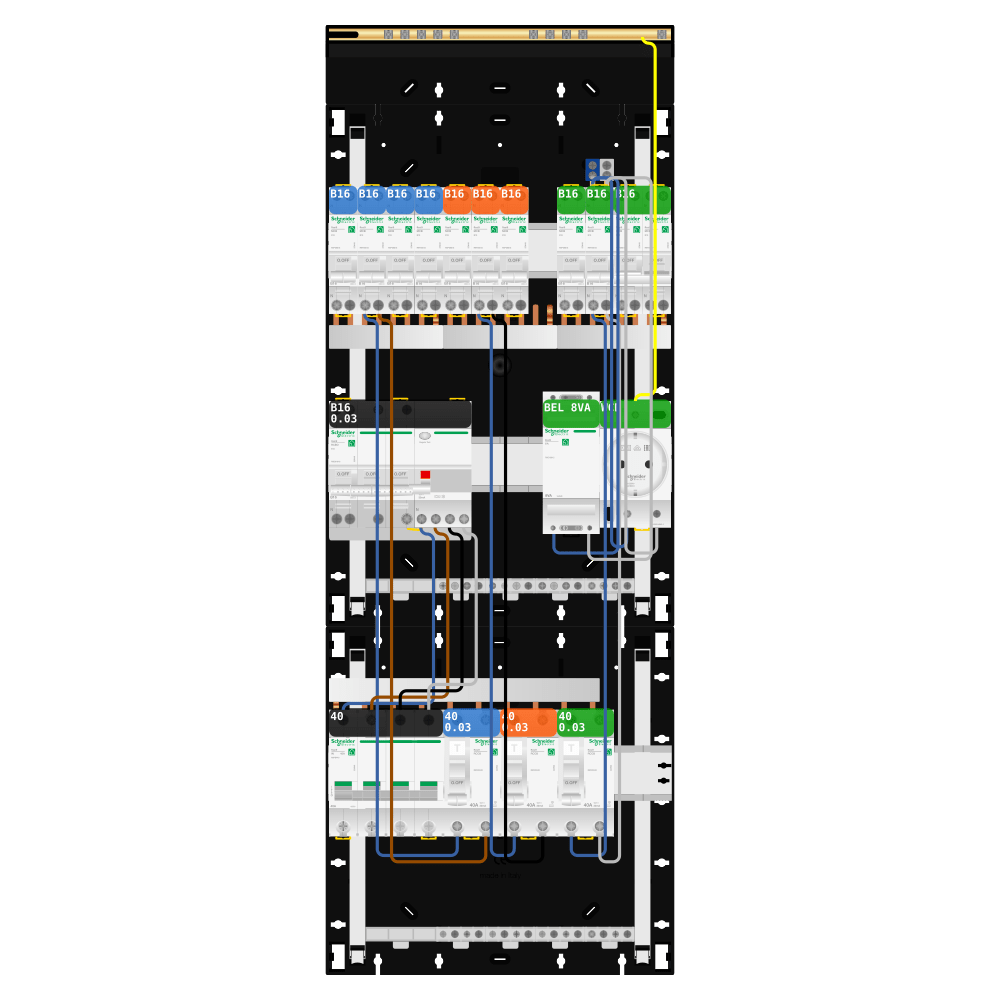 Groepenkast 3 fase 9 groepen + beltrafo + wcd + kracht Resi9