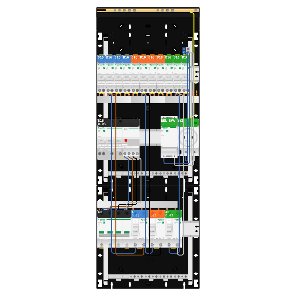 Groepenkast 3 fase 11 groepen + beltrafo + wcd + kracht Resi9