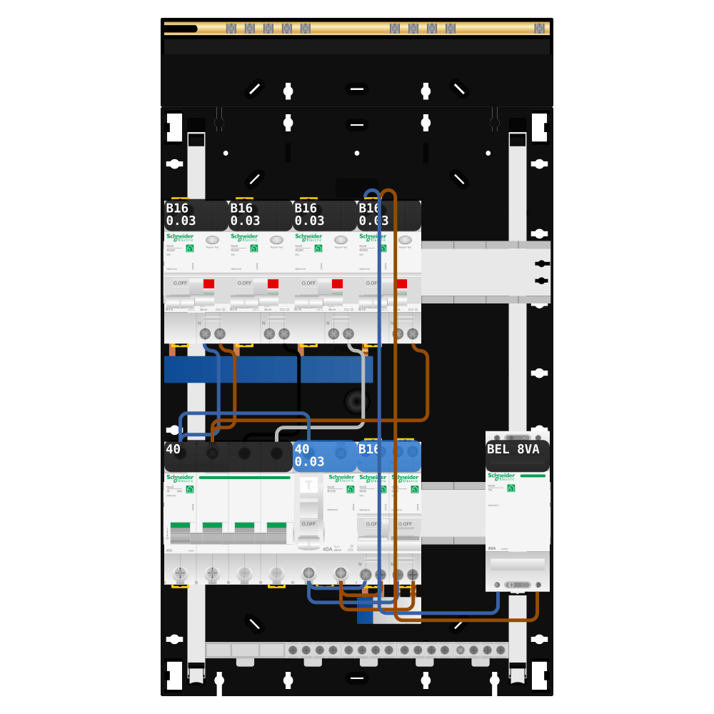 Groepenkast 3 fase 4 alamat + beltrafo + kookgroep Resi9