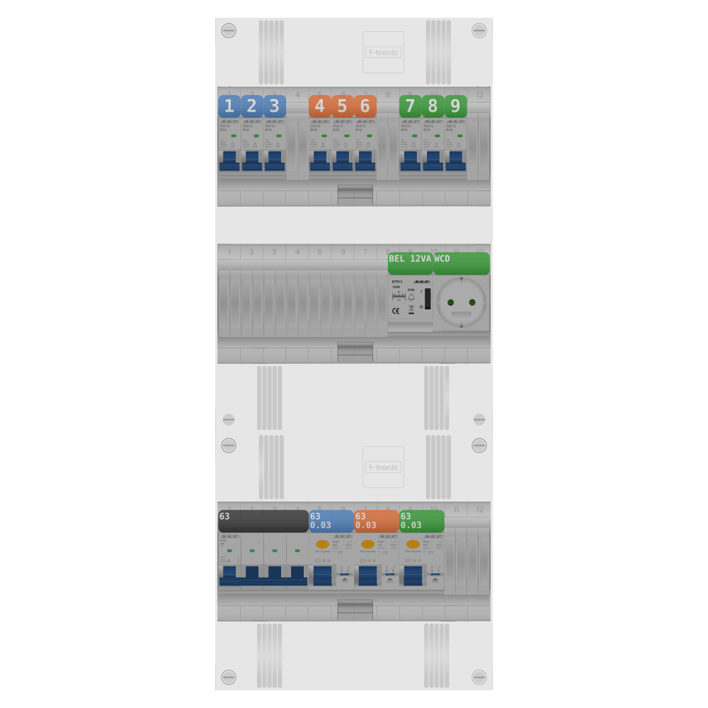 SEP Pro Groepenkast PV-ready 63A 3 fase 9 groepen + beltrafo + wcd