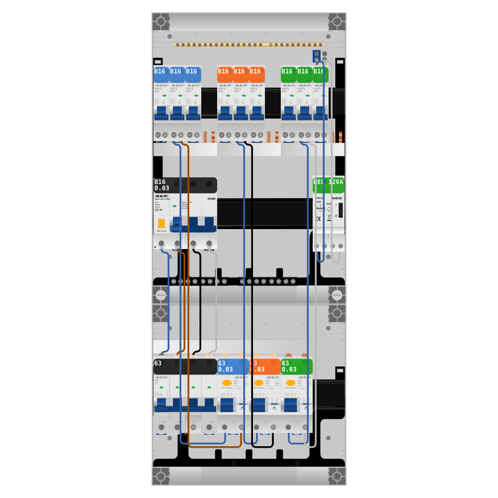 SEP Pro Groepenkast PV-ready 63A 3 fase 9 groepen + beltrafo + kracht