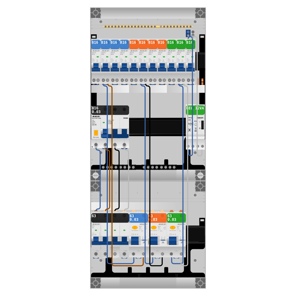 SEP Pro Groepenkast PV-ready 63A 3 fase 11 groepen + beltrafo + kracht
