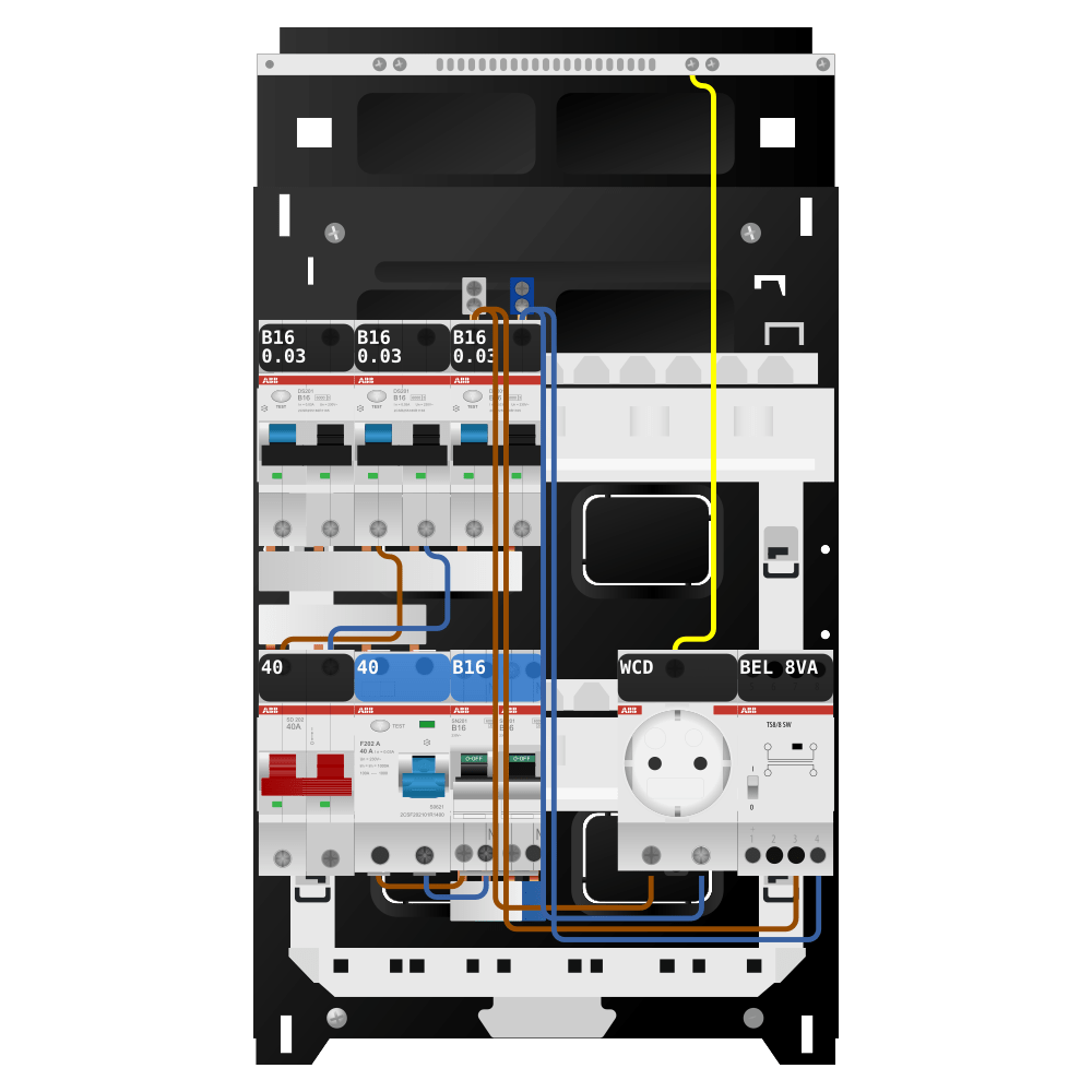ABB Groepenkast 1 fase 3 alamat + beltrafo + wcd + kookgroep SN201
