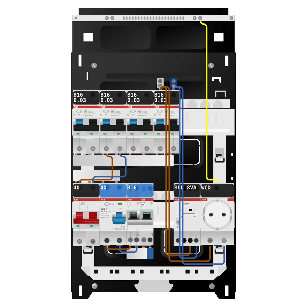 ABB Groepenkast 1 fase 4 alamat + beltrafo + wcd + kookgroep SN201