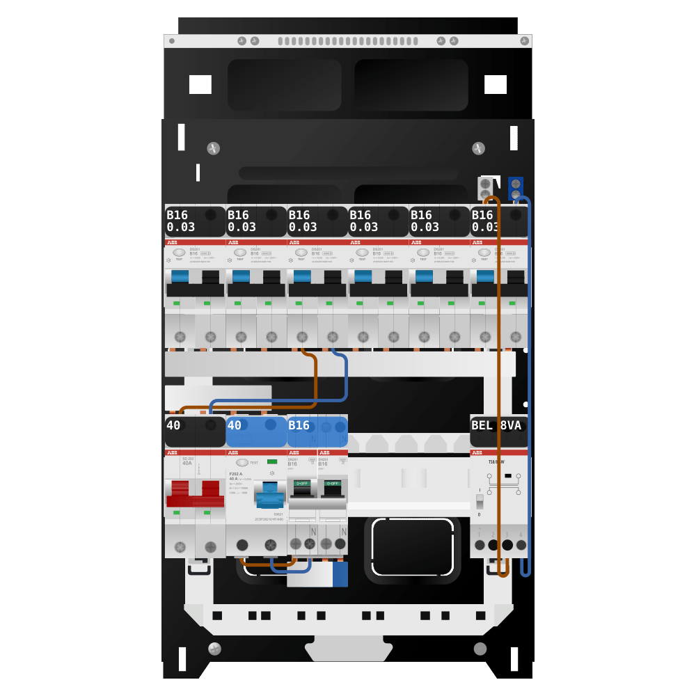 ABB Groepenkast 1 fase 6 alamat + beltrafo + kookgroep SN201