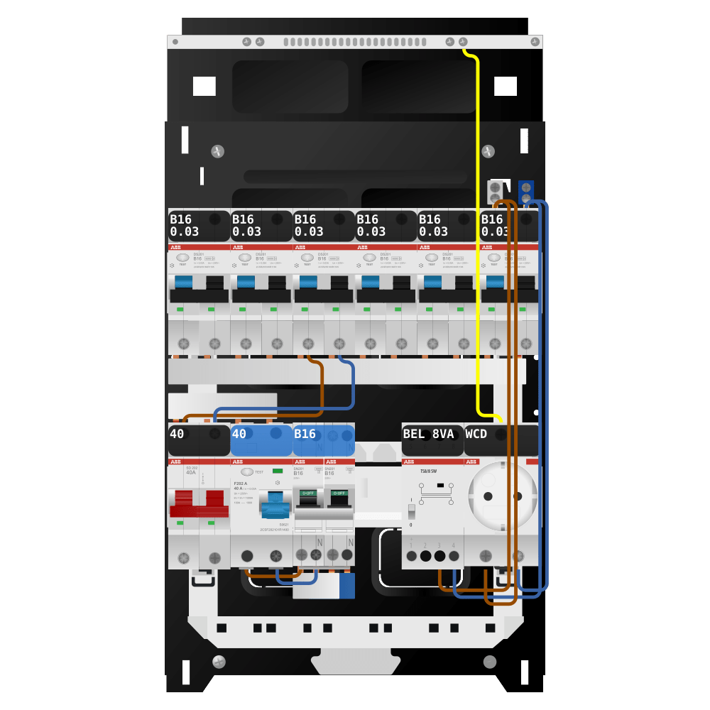 ABB Groepenkast 1 fase 6 alamat + beltrafo + wcd + kookgroep SN201