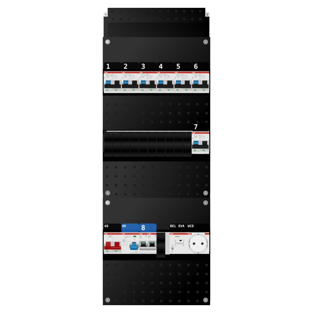 ABB Groepenkast 1 fase 7 alamat + beltrafo + wcd + kookgroep SN201