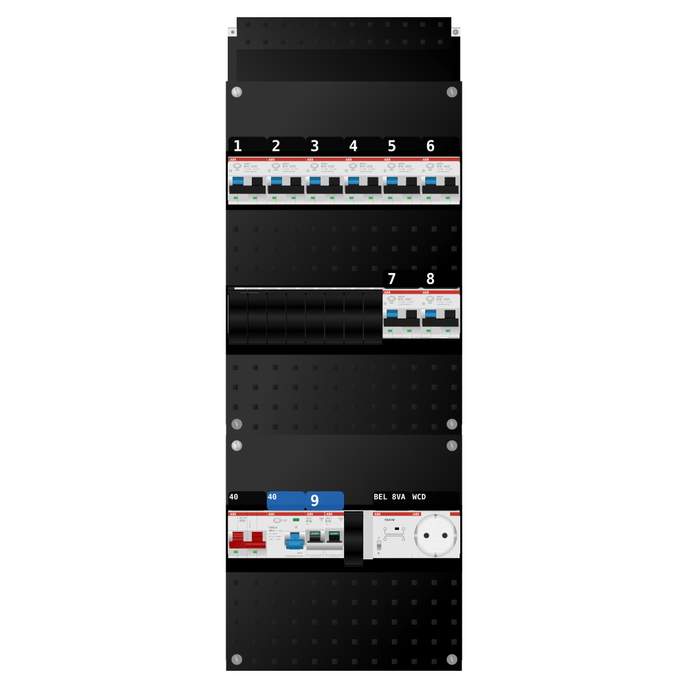 ABB Groepenkast 1 fase 8 alamat + beltrafo + wcd + kookgroep SN201