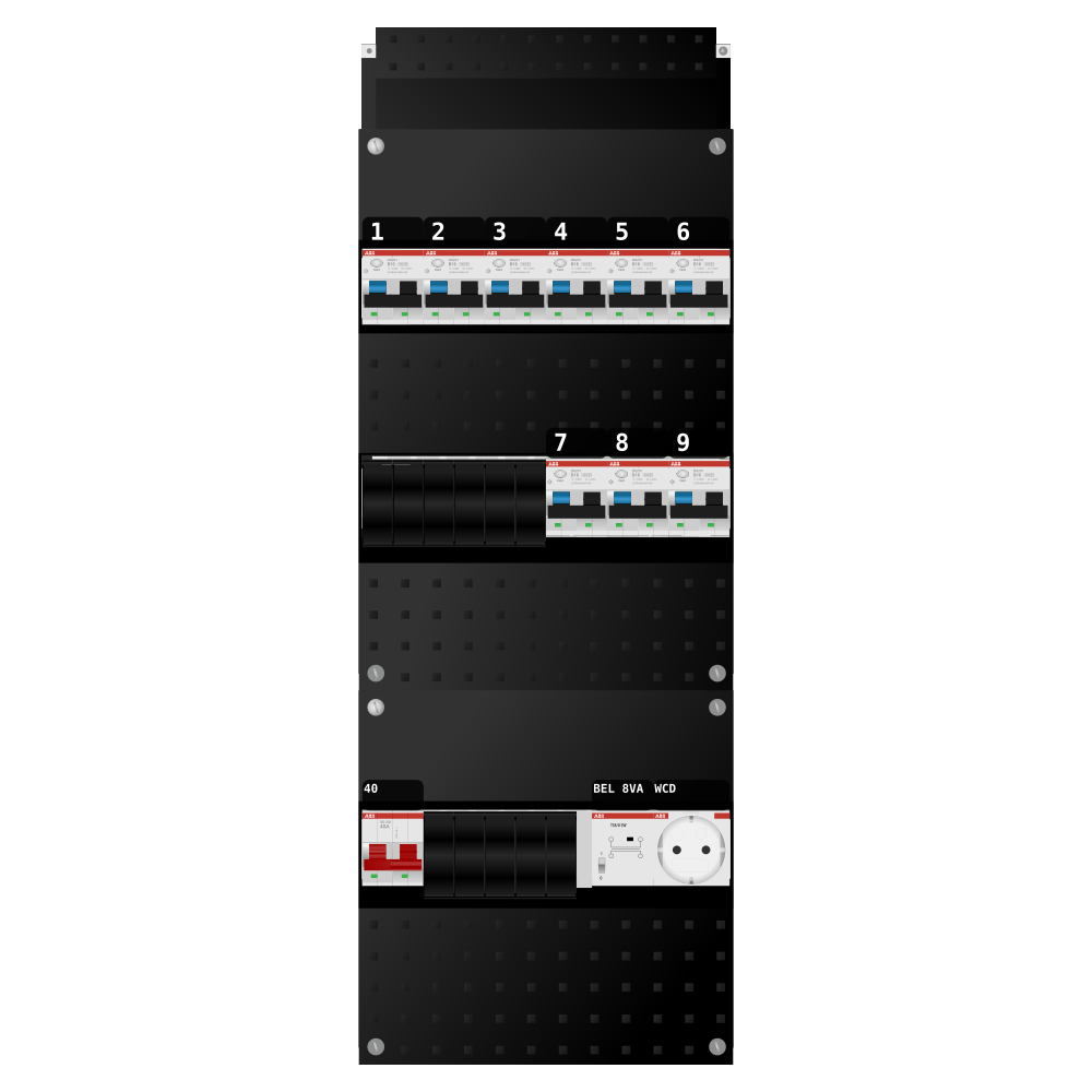 ABB Groepenkast 1 fase 9 alamat + beltrafo + wcd SN201