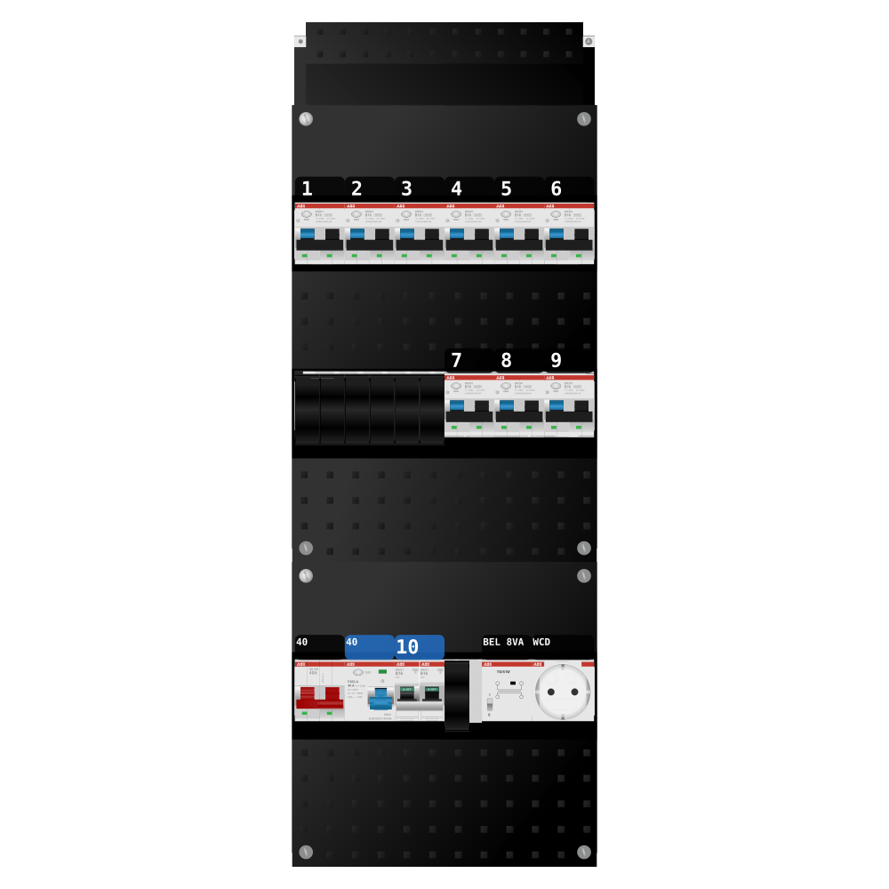 ABB Groepenkast 1 fase 9 alamat + beltrafo + wcd + kookgroep SN201