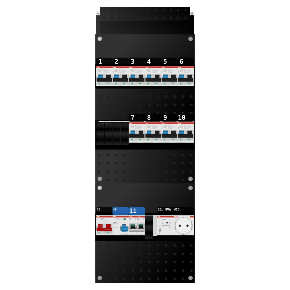 ABB Groepenkast 1 fase 10 alamat + beltrafo + wcd + kookgroep SN201