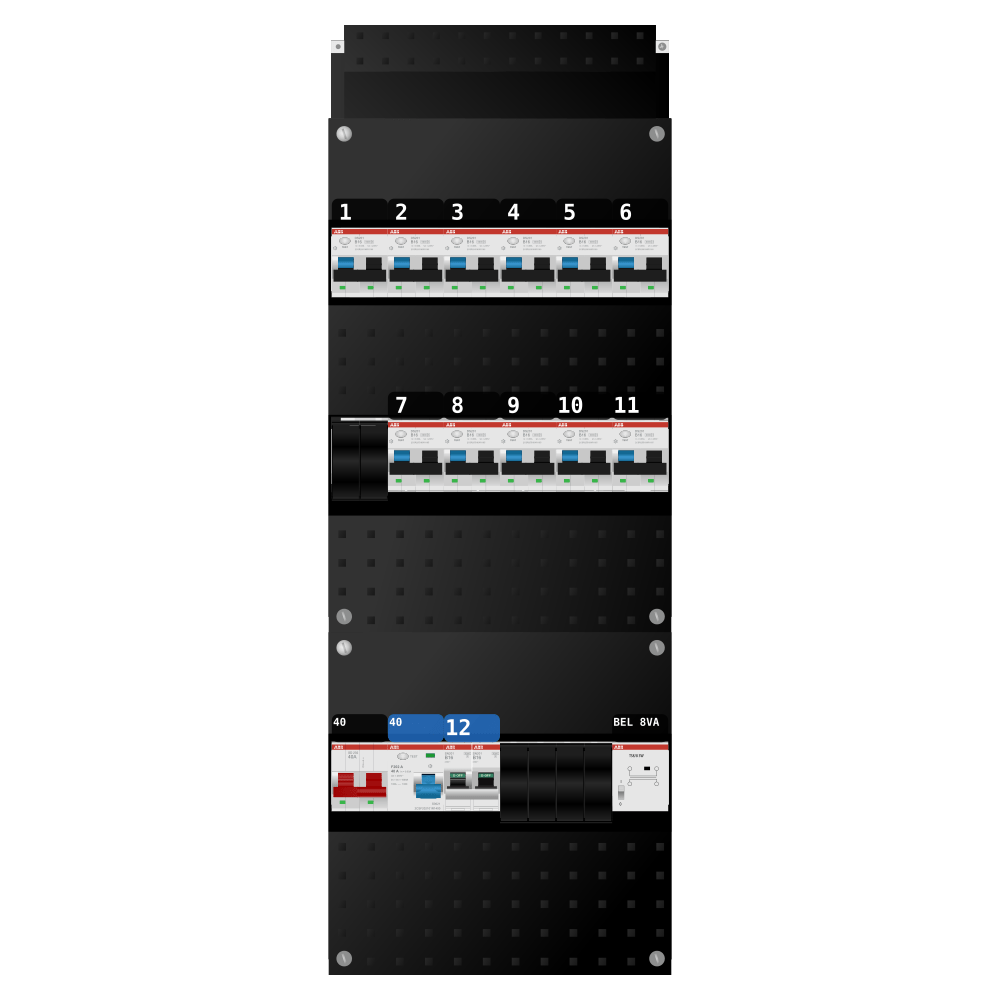 ABB Groepenkast 1 fase 11 alamat + beltrafo + kookgroep SN201