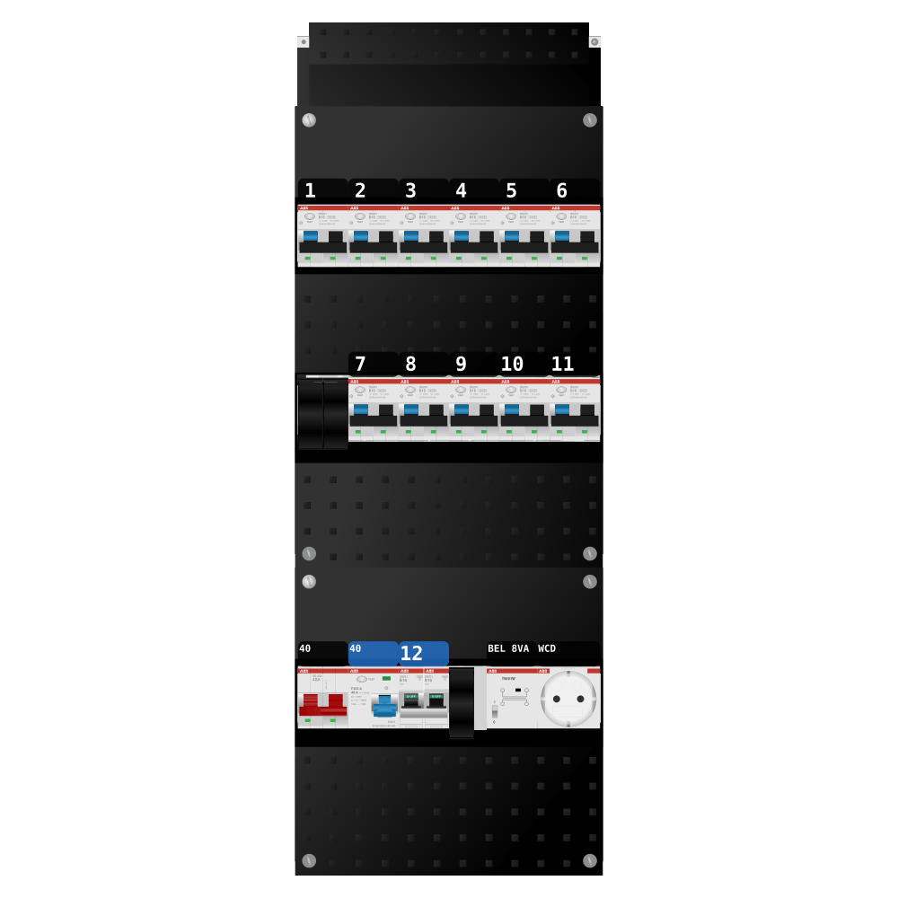 ABB Groepenkast 1 fase 11 alamat + beltrafo + wcd + kookgroep SN201