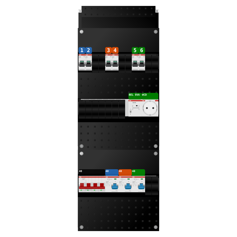 ABB Groepenkast 3 fase 6 groepen + beltrafo + wcd SN201